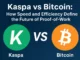Digital comparison graphic showing Kaspa and Bitcoin, highlighting blocks per second and proof-of-work performance.