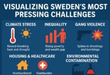 Infographic collage depicting Sweden’s challenges: extreme heat, water scarcity, social inequality, gang violence, and chemical pollution.