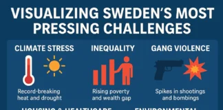 Infographic collage depicting Sweden’s challenges: extreme heat, water scarcity, social inequality, gang violence, and chemical pollution.