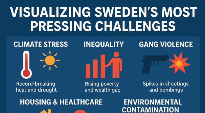 Infographic collage depicting Sweden’s challenges: extreme heat, water scarcity, social inequality, gang violence, and chemical pollution.