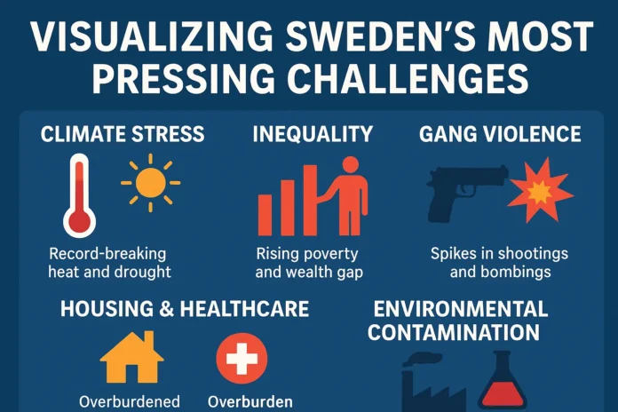 The Biggest Problem in Sweden Infographic collage depicting Sweden’s challenges: extreme heat, water scarcity, social inequality, gang violence, and chemical pollution.