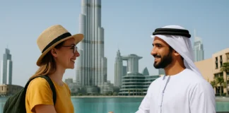 A tourist and an Emirati man greeting with a handshake in Dubai