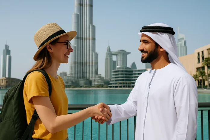 A tourist and an Emirati man greeting with a handshake in Dubai