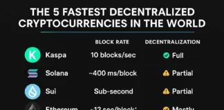 The 5 Fastest Decentralized Cryptocurrencies in the World Infographic ranking the five fastest decentralized cryptocurrencies by block rate and decentralization level.