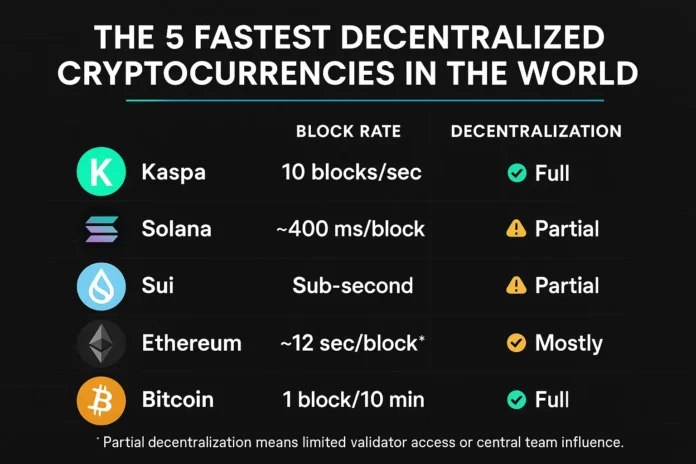 Top 5 Fastest Decentralized Cryptocurrencies in the World Infographic ranking the five fastest decentralized cryptocurrencies by block rate and decentralization level.