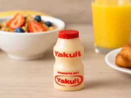 Yakult probiotic drink bottle on a table with a healthy breakfast background