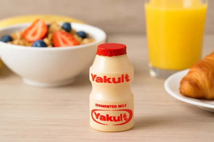 Yakult probiotic drink bottle on a table with a healthy breakfast background