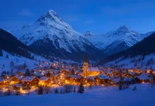Scenic snowy mountain village illuminated with winter lights, representing the best countries to visit in winter.