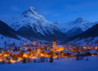 Scenic snowy mountain village illuminated with winter lights, representing the best countries to visit in winter.