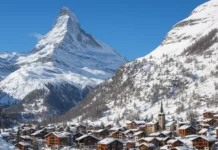 Snow-covered Zermatt village beneath the Matterhorn in the Swiss Alps during winter.