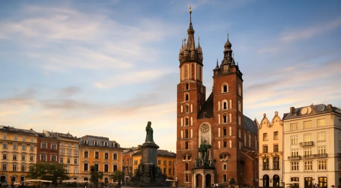 Kraków Old Town square with colorful buildings in Poland