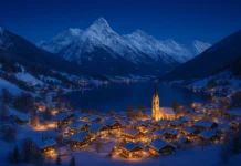 Snow-covered Austrian Alps with an alpine village illuminated during winter nights.