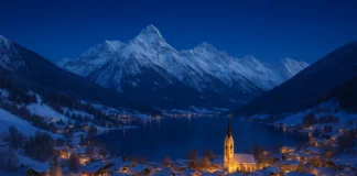 Snow-covered Austrian Alps with an alpine village illuminated during winter nights.