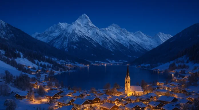 Snow-covered Austrian Alps with an alpine village illuminated during winter nights.