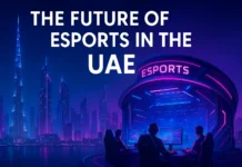Futuristic Dubai skyline with neon esports arena and professional gamers competing in the UAE.