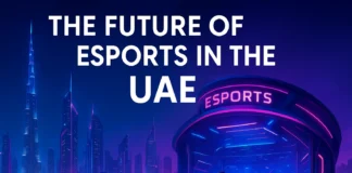 Futuristic Dubai skyline with neon esports arena and professional gamers competing in the UAE.