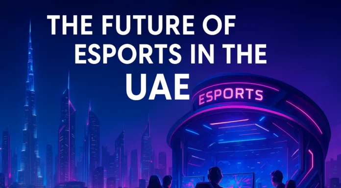 Futuristic Dubai skyline with neon esports arena and professional gamers competing in the UAE.