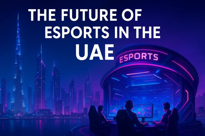 Futuristic Dubai skyline with neon esports arena and professional gamers competing in the UAE.