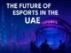 Futuristic Dubai skyline with neon esports arena and professional gamers competing in the UAE.