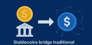 Digital stablecoin illustration showing balance between crypto and fiat currency.