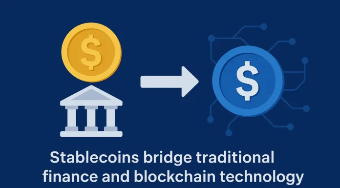 Digital stablecoin illustration showing balance between crypto and fiat currency.