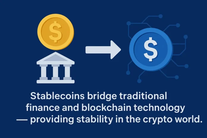 What Are Stablecoins A Complete Guide Digital stablecoin illustration showing balance between crypto and fiat currency.
