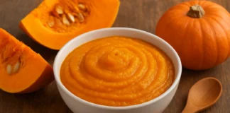 Pumpkin puree in a bowl with slices of pumpkin and spoon on a wooden table