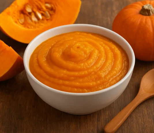 Pumpkin puree in a bowl with slices of pumpkin and spoon on a wooden table