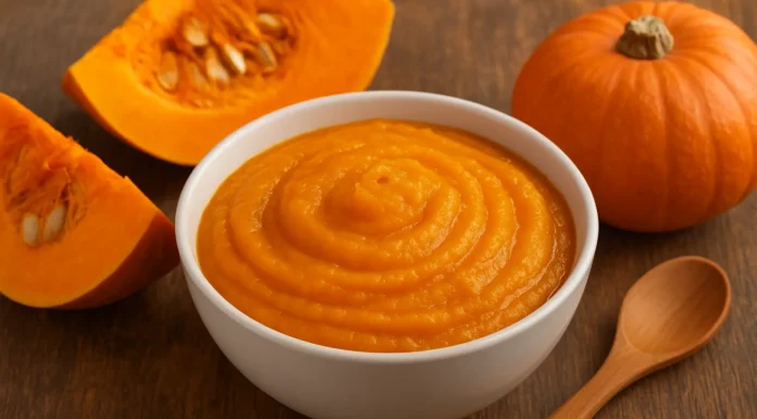 Pumpkin puree in a bowl with slices of pumpkin and spoon on a wooden table