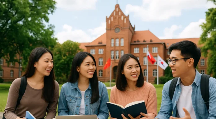 Asian students studying at a Polish university campus in Warsaw or Kraków