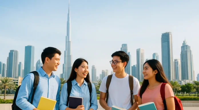 Asian university students studying together on a modern UAE campus in Dubai or Abu Dhabi
