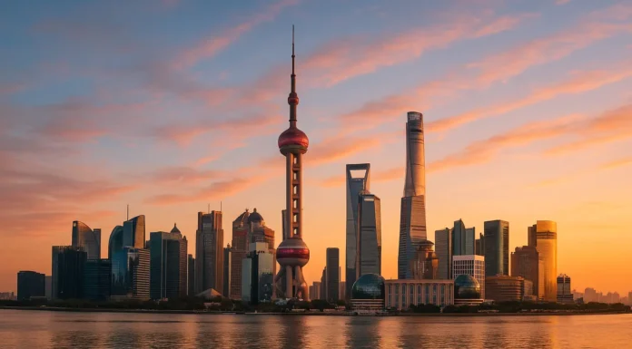 Shanghai cityscape with high-rise buildings under a sunset sky.