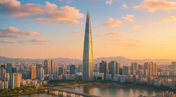 Modern Seoul cityscape with high-rise buildings and bustling streets.