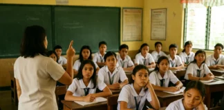 Crowded classroom with Filipino students and a teacher in the Philippines