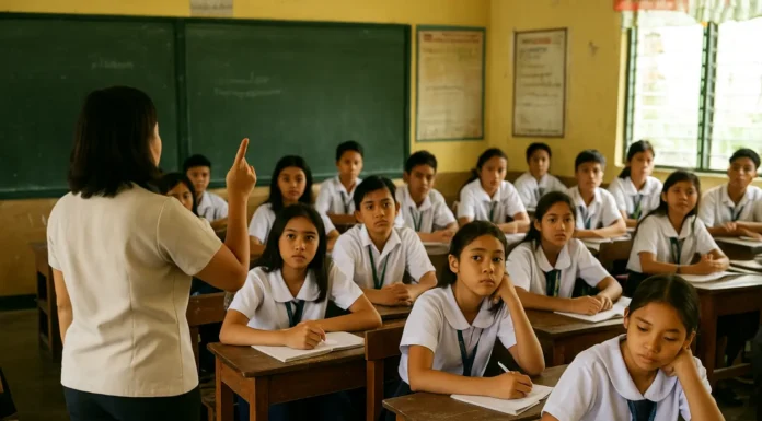 Crowded classroom with Filipino students and a teacher in the Philippines