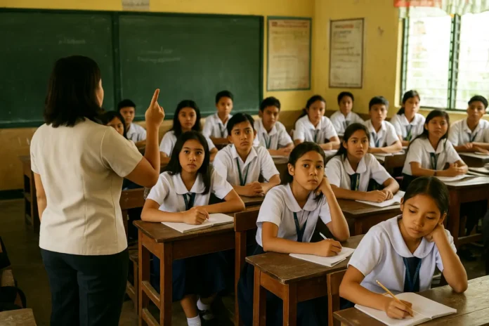 Crowded classroom with Filipino students and a teacher in the Philippines