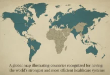 Map showing the top countries with the best healthcare systems based on quality, access, and health outcomes.