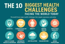 Illustration showing the top 10 global health challenges with icons for each.