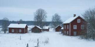 Finland's rural winter village, with its snow-covered houses, illustrates both depopulation and climate challenges.