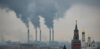 Moscow city skyline pollution industrial smoke Russia climate issue