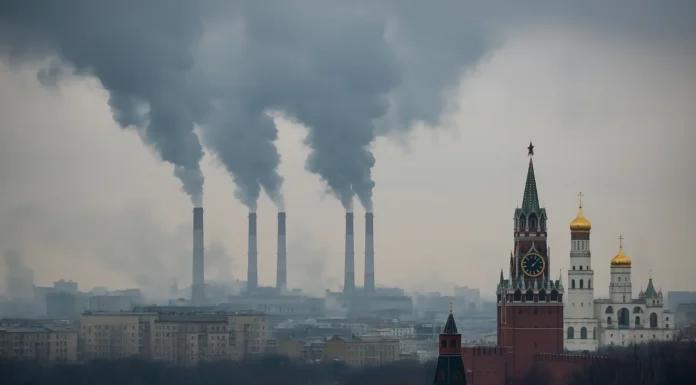 Moscow city skyline pollution industrial smoke Russia climate issue