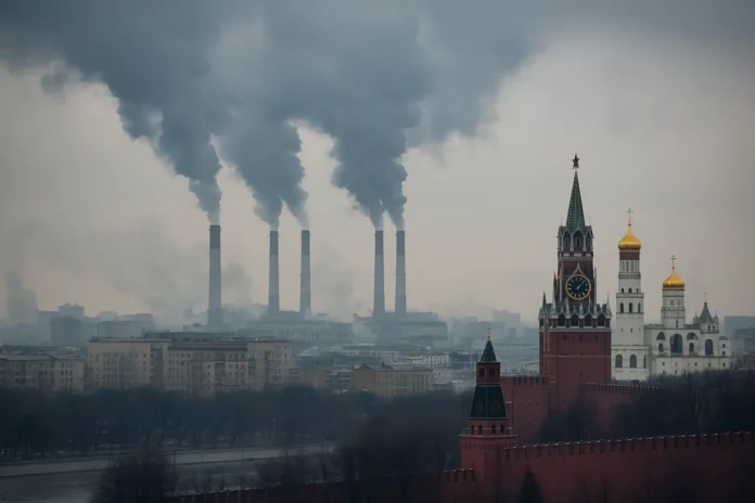 Moscow city skyline pollution industrial smoke Russia climate issue