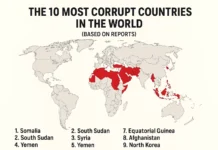 World map showing the top 10 most corrupt countries based on global reports, featuring the Philippines.
