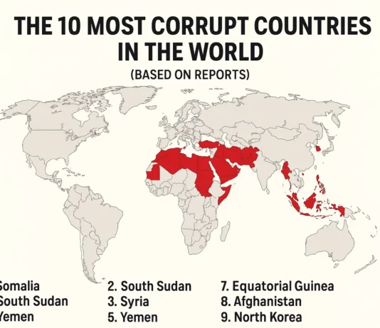World map showing the top 10 most corrupt countries based on global reports, featuring the Philippines.