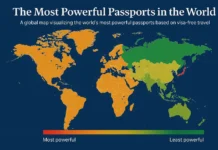 Top 10 Most Powerful Passports in the World World map highlighting countries with the most powerful passports and the highest global mobility.