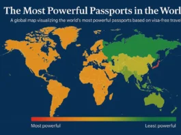 World map highlighting countries with the most powerful passports and the highest global mobility.