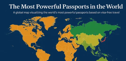 World map highlighting countries with the most powerful passports and the highest global mobility.