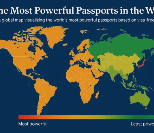 World map highlighting countries with the most powerful passports and the highest global mobility.