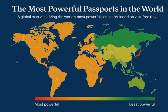 Top 10 Most Powerful Passports in the World World map highlighting countries with the most powerful passports and the highest global mobility.