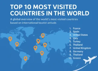 Map and landmarks representing the top 10 most visited countries in the world based on global tourism rankings.